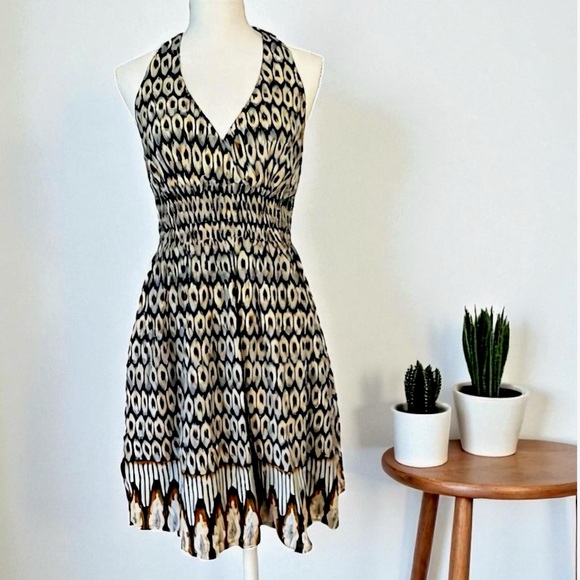 🐆Fire Los Angeles Black and Cream Patterned Haltered Sundress Sz L - Picture 1 of 11